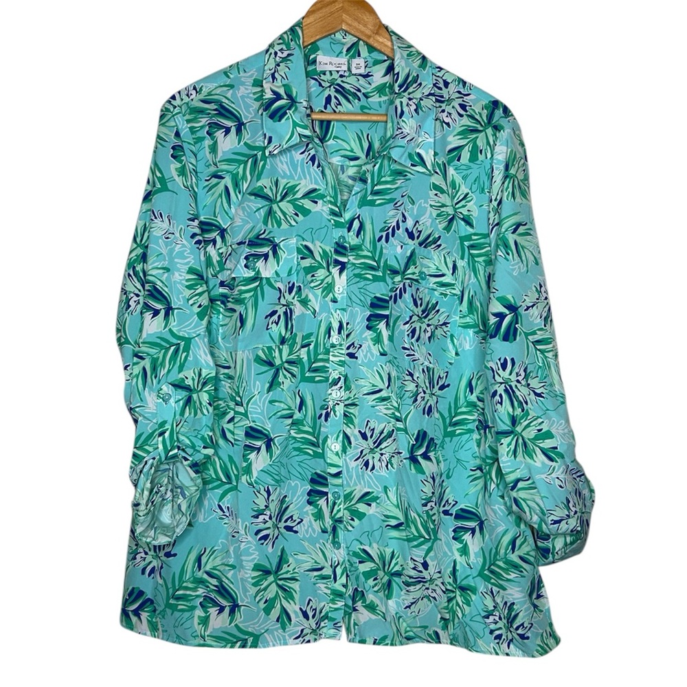 🩷 Kim Rogers Curvy Women 3X Turquoise Green Tropical Palm leafs Beach Resort